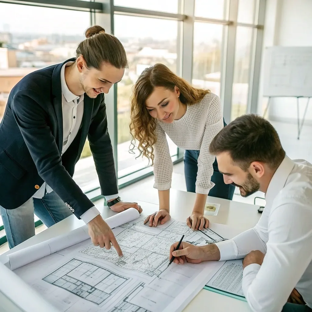 Professional landscape design team discussing a project